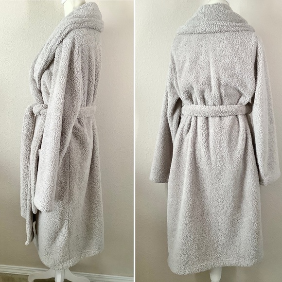 BERKSHIRE Sherpa Fleece Robe Bathrobe Pockets Tie Waist Loungewear Comfy Gray M - Picture 10 of 11